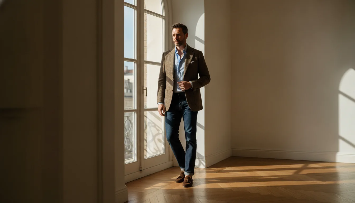 How to wear a blazer with jeans: man in a brown tweed sport coat, light blue oxford shirt, dark jeans and suede loafers in a sunlit loft