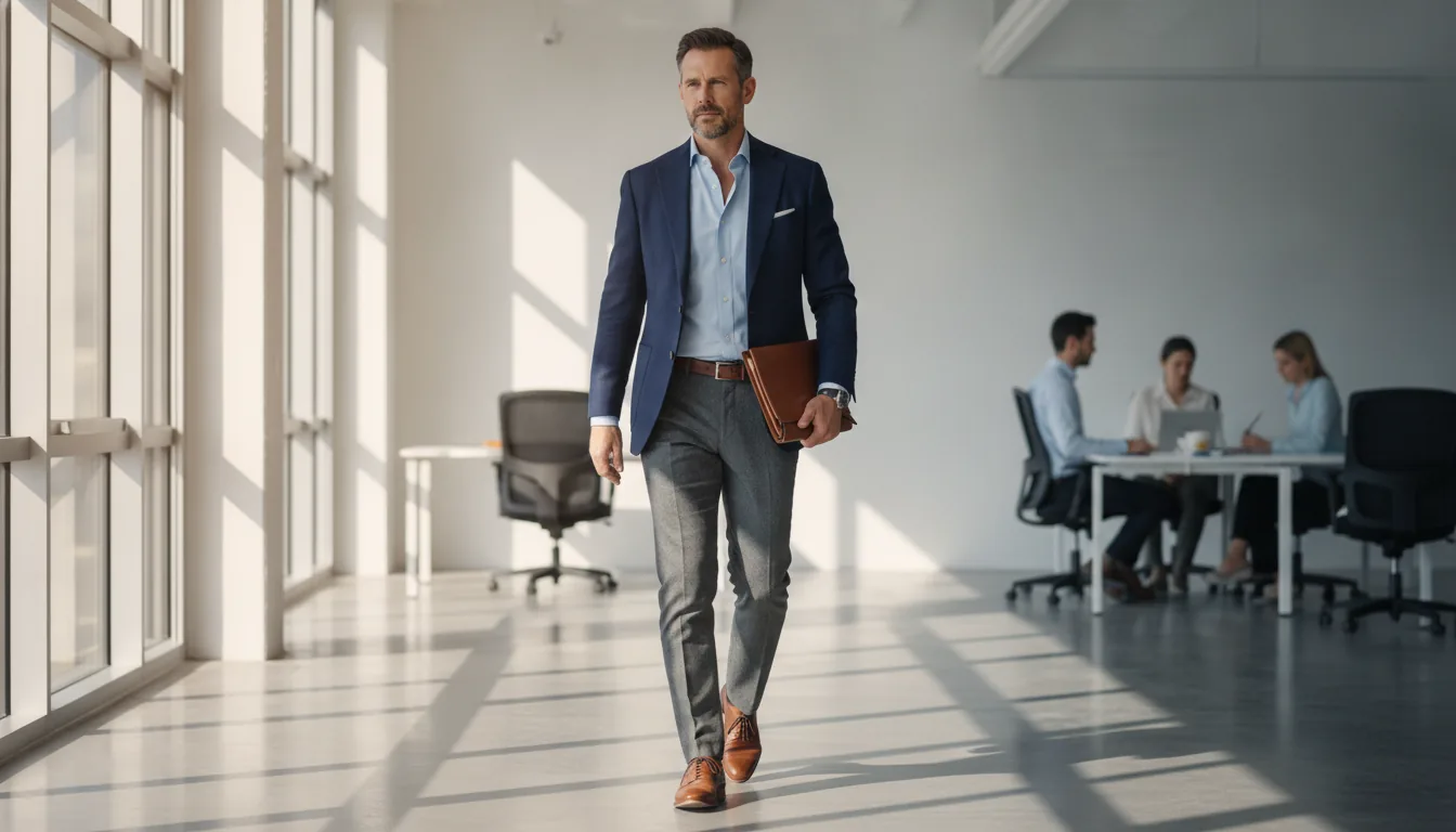 Business casual dress code for men: man in a navy blazer, light blue shirt with no tie, gray wool pants and brown derby shoes in a bright office