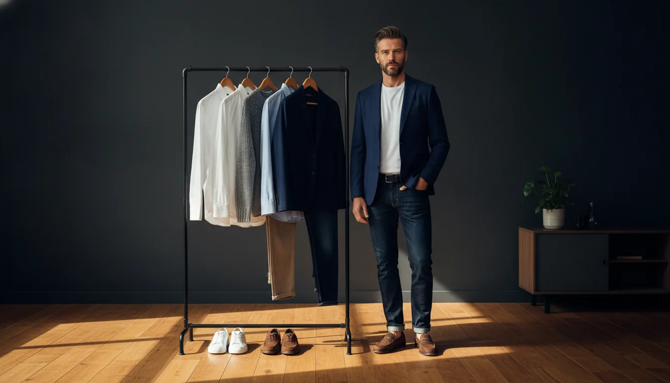 Capsule wardrobe for men: a short clothing rail with a navy blazer, oxford shirts, chinos, knitwear and leather shoes in navy, gray and khaki