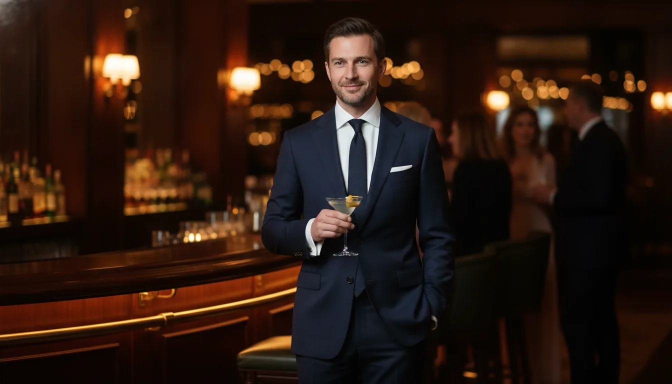 Cocktail attire for men: a man in a midnight navy suit, white shirt and dark silk tie at an evening reception
