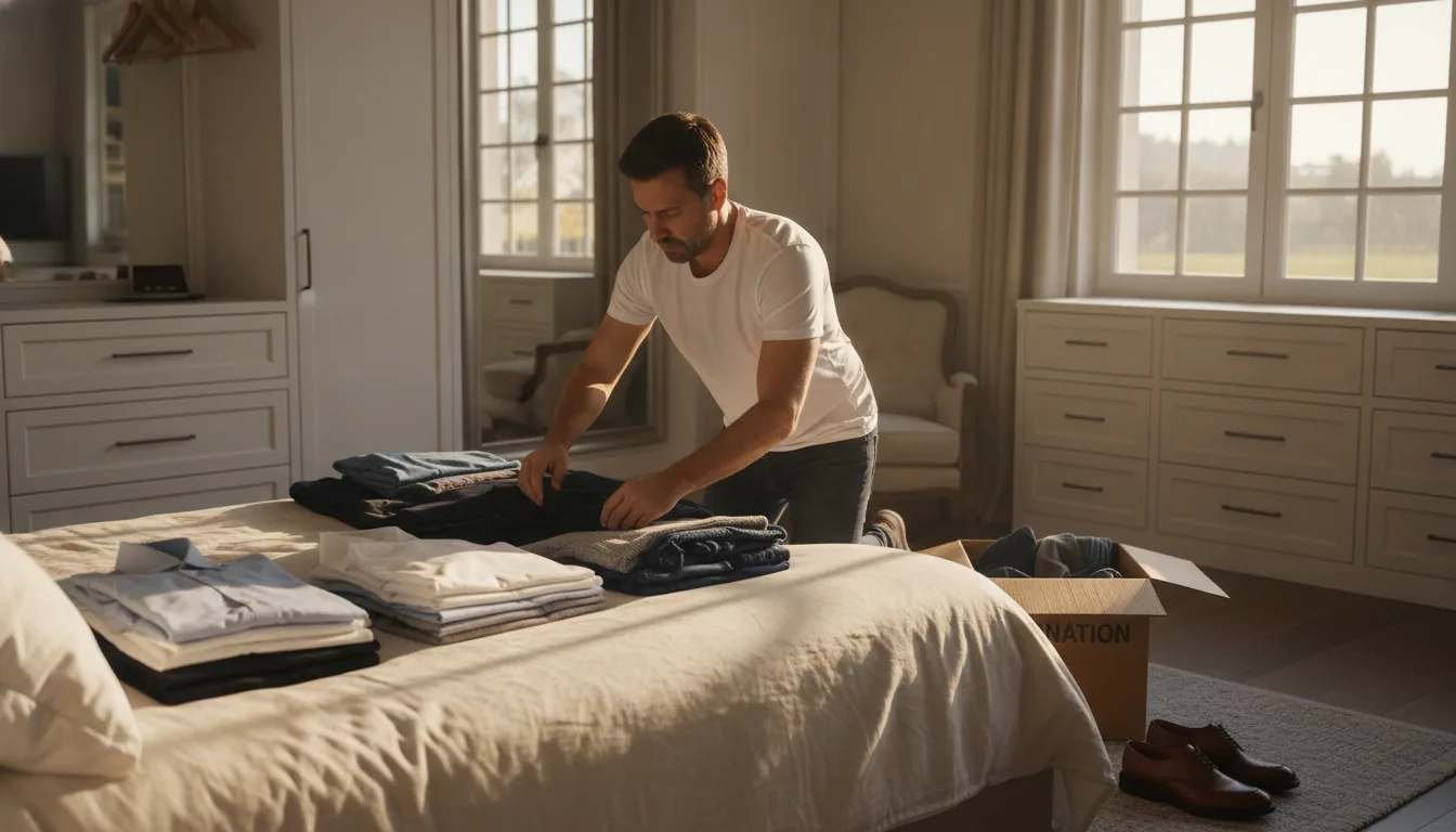 Man decluttering his closet, sorting suits, dress shirts and shoes in a bright walk-in closet