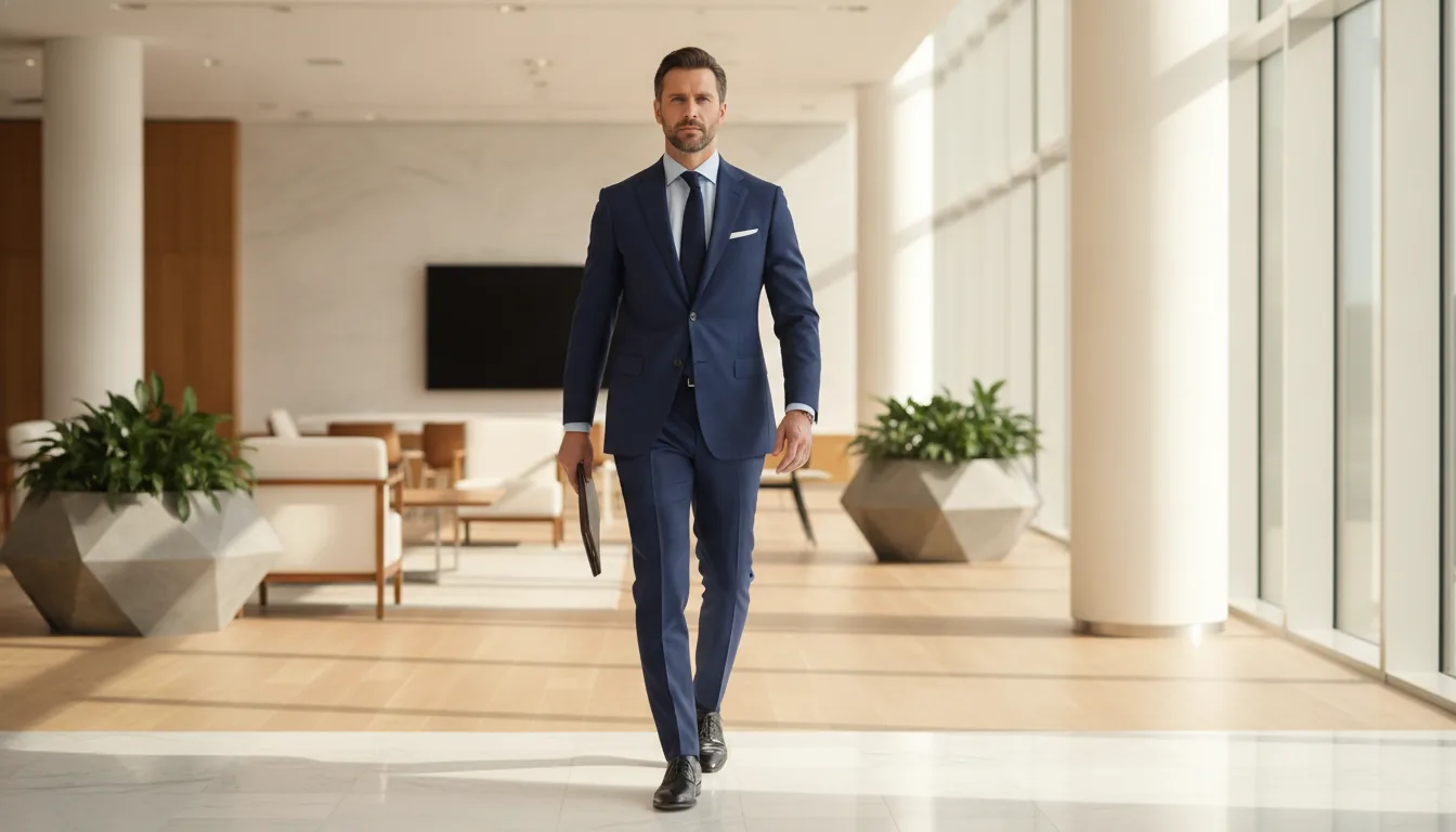 What to wear to a job interview as a man: candidate in a navy suit, light blue shirt and tie walking into an office building