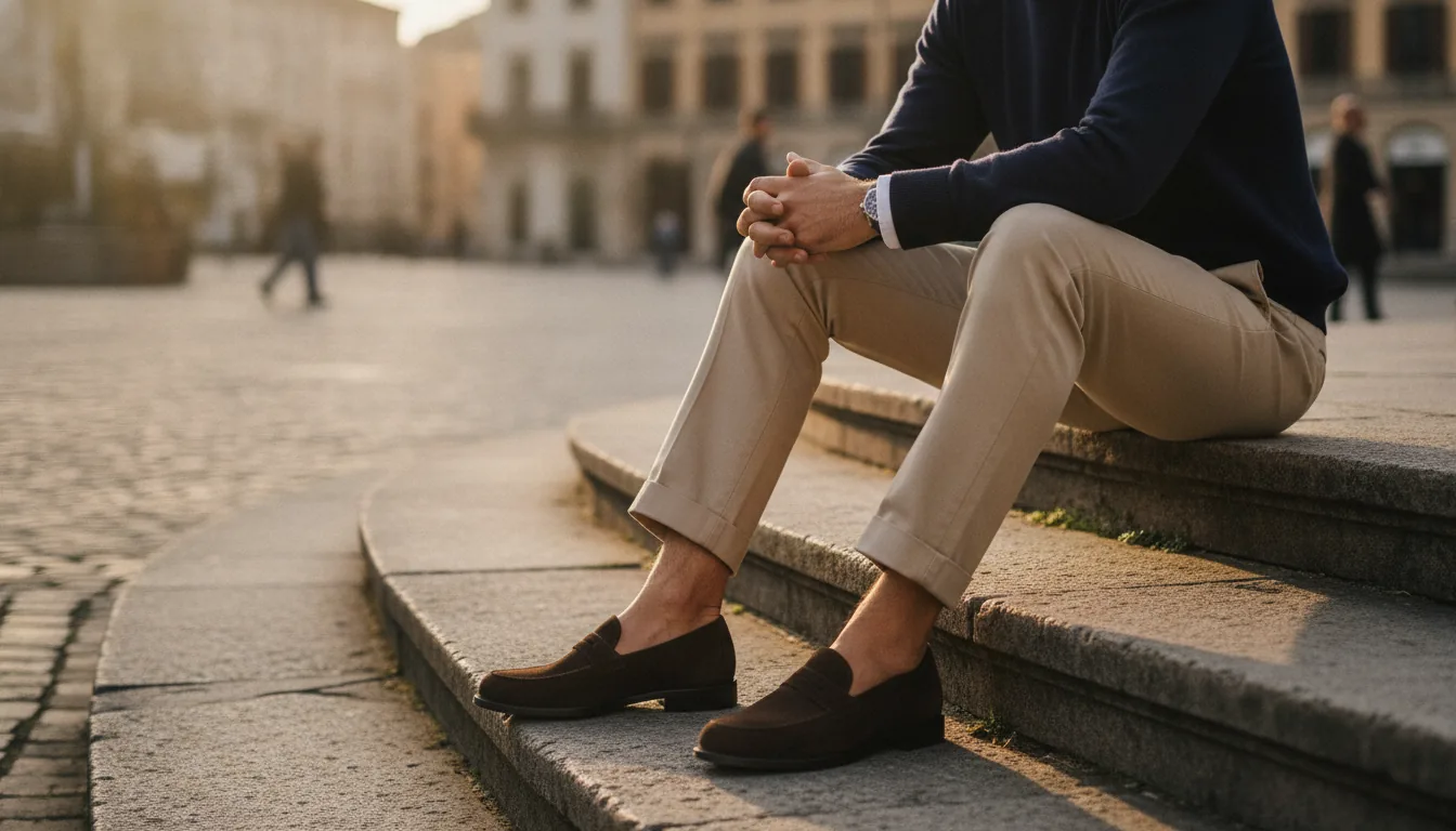 How to wear loafers: man in brown suede penny loafers, khaki chinos with a cropped hem and a navy sweater sitting on brownstone steps