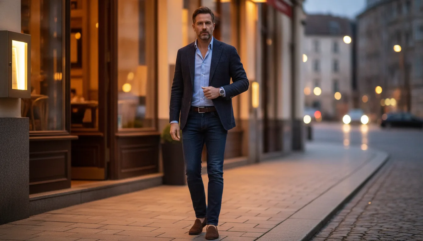 Smart casual dress code for men: man in an unstructured navy blazer, open-collar oxford shirt, dark jeans and brown suede loafers outside a restaurant at dusk