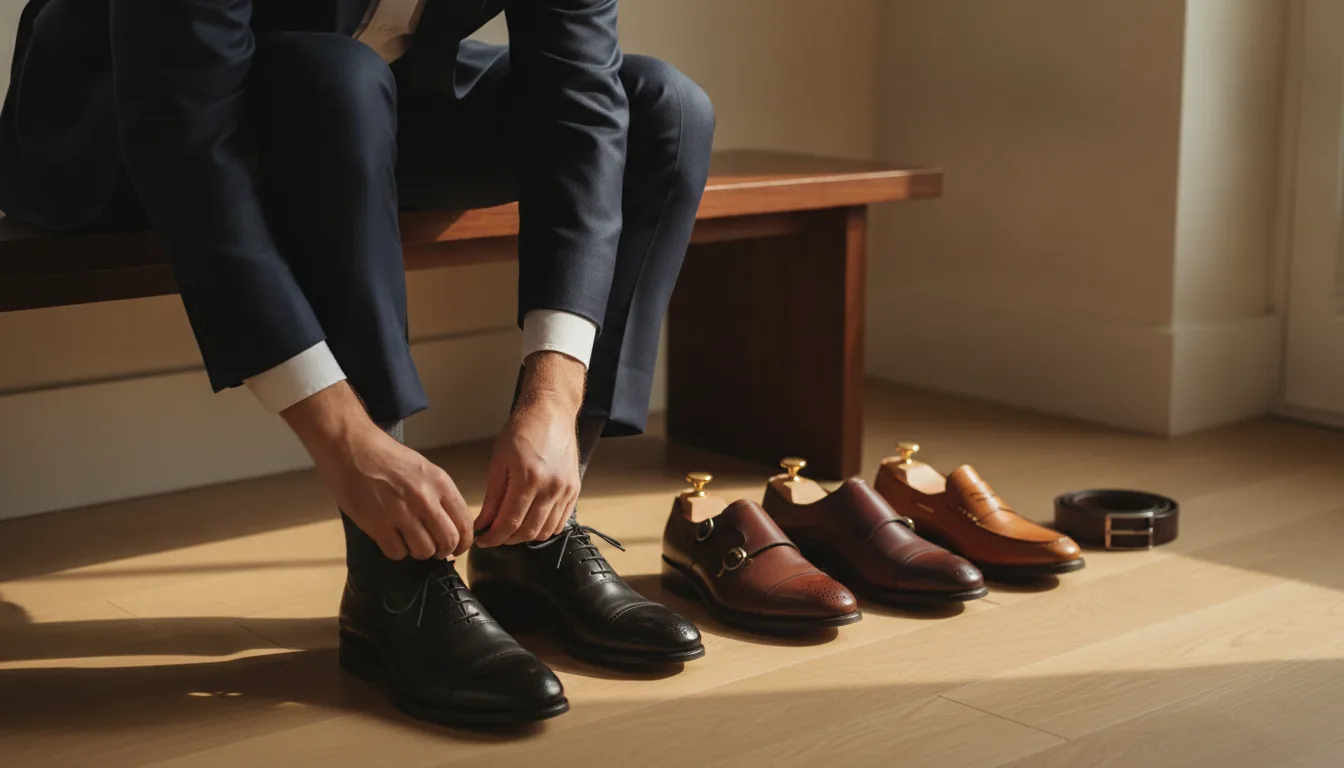 What shoes to wear with a suit: black oxfords, dark brown derbies and burgundy monk straps next to a navy suit