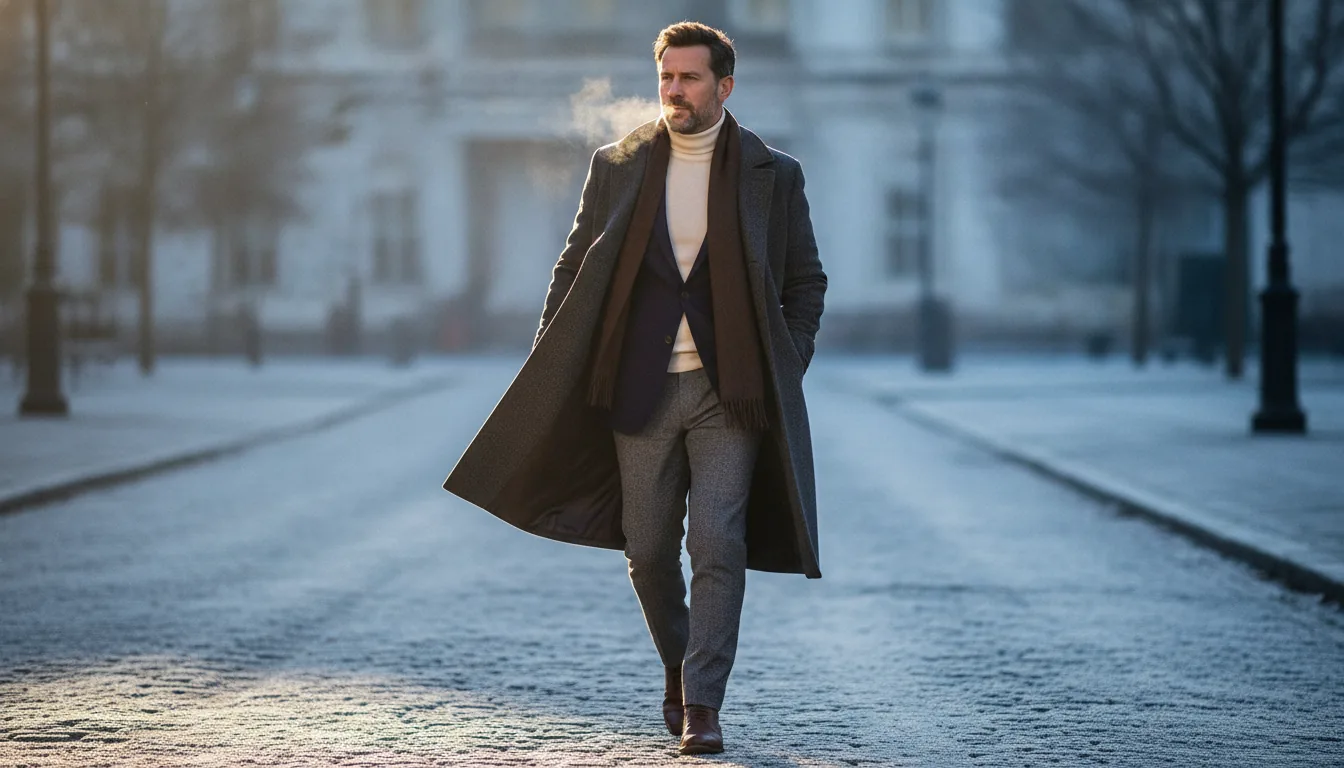Winter outfit for men: a man in a knee-length charcoal overcoat over a flannel blazer and cream merino turtleneck on a cold city street