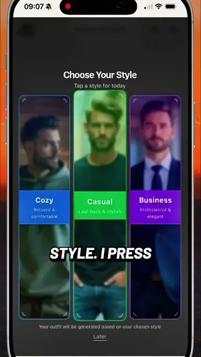 Cozy、Casual、Businessのスタイル選択が表示されたmaiasaアプリの画面